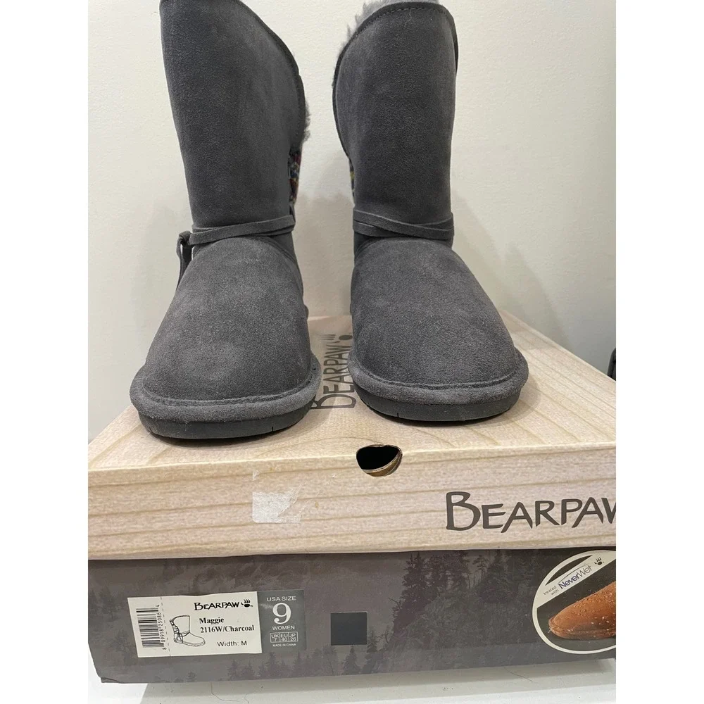 Bearpaw Maggie Charcoal Grey Suede Knit Back Winter Boots 2116W Womens 9